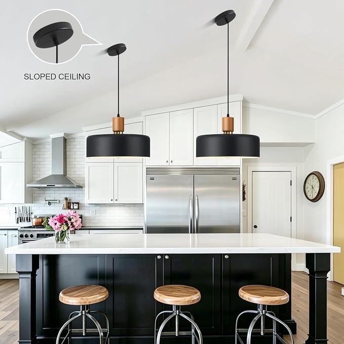 13.8" Black Pendant Light, Walnut Oak Wood & Brass Metal Drum Shade | Walnut Oak Wood & Brass Metal Drum Shade Pendant Light