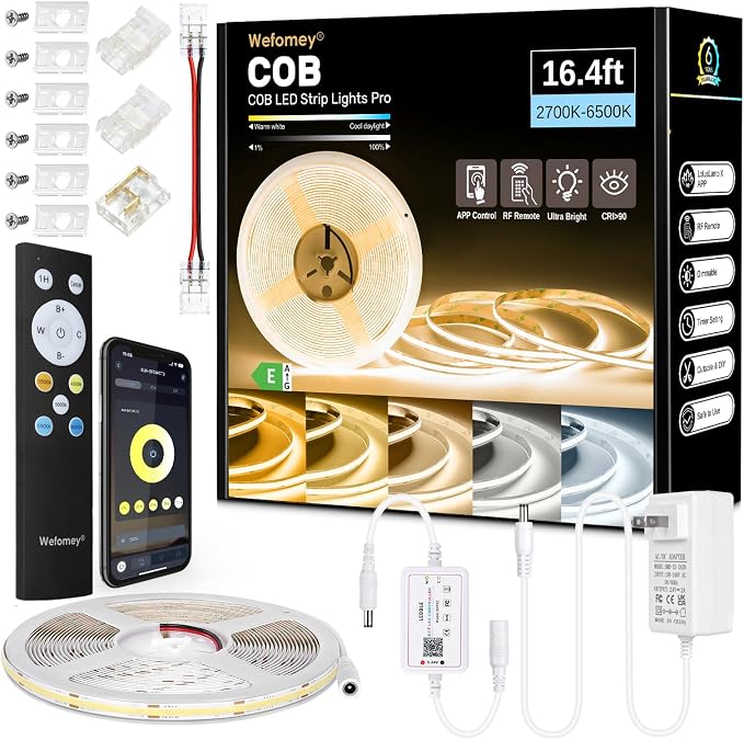 COB LED Strip Light White, 16.5ft Dimmable 2700K-6500K High Density 3100LEDs 24V Flexible LED Tape Light with Remote and APP Control, for Under Cabinet Bedroom Kitchen DIY Lighting