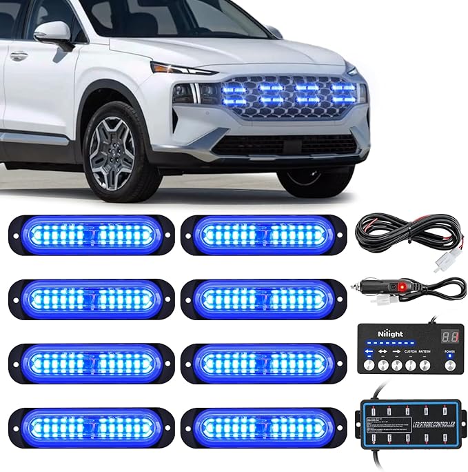Nilight 8PCS Led Strobe Lights with Controller 12V 24V Sync Feature Blue Strobe Light 12 LED Surface Mount Emergency Hazard Warning Lights with Strobe Controller for Vehicle Car Truck RV ATV