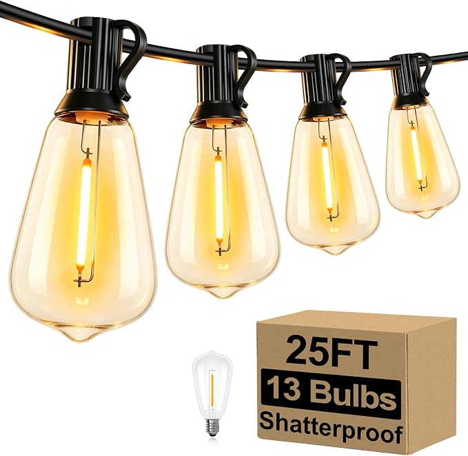 25FT Outdoor String Lights 13 Bulbs, 2200K Amber Lights | 1 Spare ST38 Edison Bulb Dimmable, Connectable Plug-in LED Patio Lights for Outsiede, Cafe, Wedding, Christmas