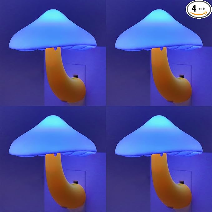 LED Mushroom Night Light Plug in Lamp, Light Sensor Night Lights Plug into Wall, Dusk to Dawn Sensor Night Light for Adults Kids Room Bedroom Bathroom Hallway Kitchen (4, Blue)