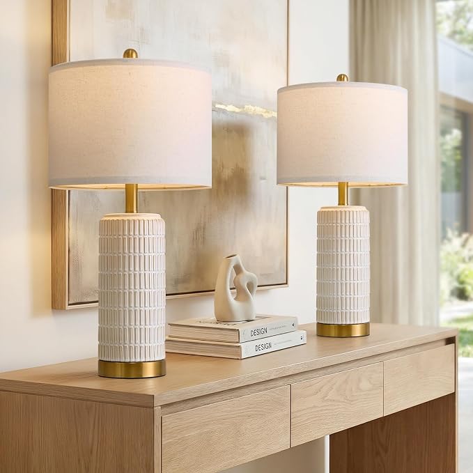 PoKat 25'' Modern Table Lamps Set of 2 for Living Room with Gold Base, White Farmhouse Bedside Lamps for Bedroom, Nightstand Lamps for Office End Table Hallway Home Decor Gift, Beige and White