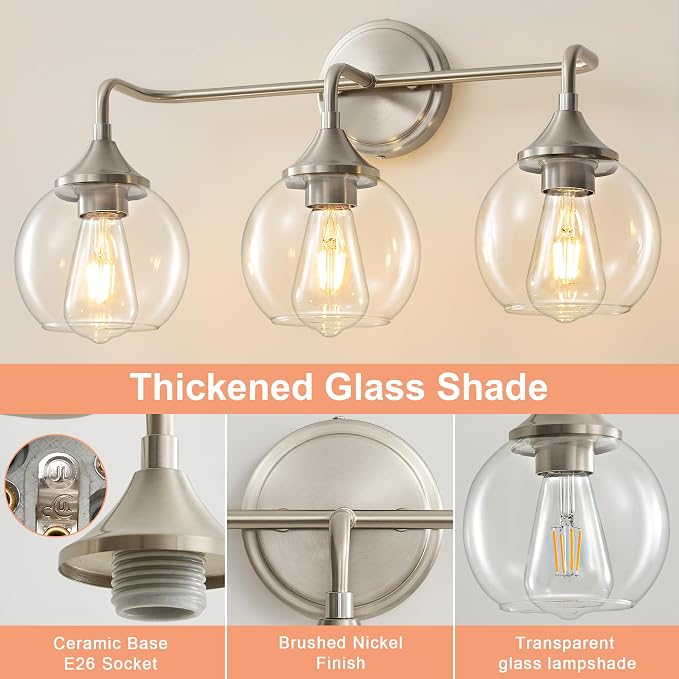 Bathroom Light Fixtures 3-Light Brushed Nickel Vanity Light 31" | Farmhouse Vanity Lighting Fixtures Over Mirror, Thickened Clear Glass Shade, UL E26 Dimmable Vanity Light Fixtures
