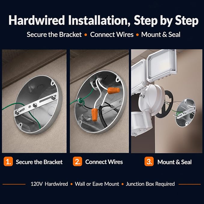 LED Security Light 240° Dual PIR 100 FT Motion Sensor Outdoor | 7000LM Adjustable Brightness, Hardwired Flood Light, 5000K Daylight, Dusk to Dawn, IP65, Easy Install, Garage, Porch, Yard