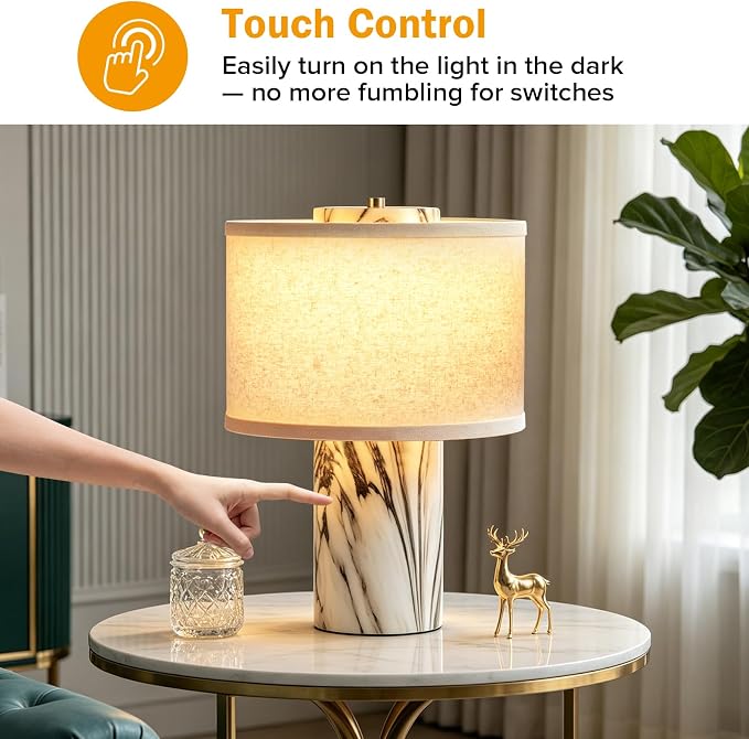 Marble Touch Lamp with Faux Marble Finish, 3-Way Dimmable Bedside Table Lamp for Bedroom, Nightstand & Living Room, Office, LED Bulb Included