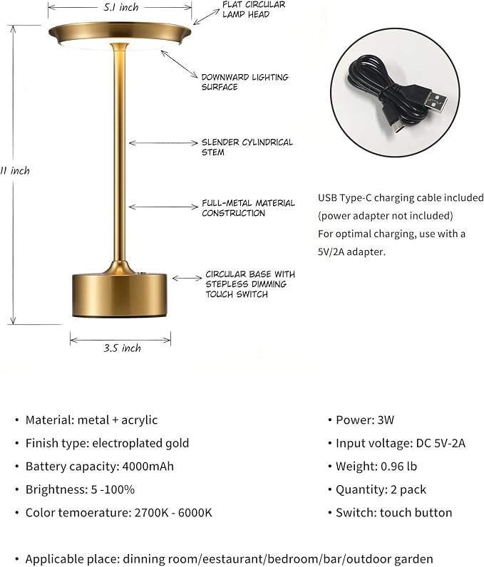 PUSU Rechargeable Table Lamps Set of 2, Gold Cordless Portable Desk Lamp | 4000mAh Battery, Stepless Dimming & 3 Color 2700K-6000K, LED Lamp for Bedroom, Living Room, Restaurant, Outdoor, Night Light