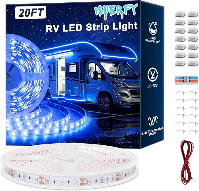 IP65 RV Awning LED Light Strip 12V 20FT for Exterior RV Capony Camper, Blue | Camper Strip Lights for Motorhome Travel Trailer Concession Stands Food Trucks, Waterproof RV Exterior Underglow
