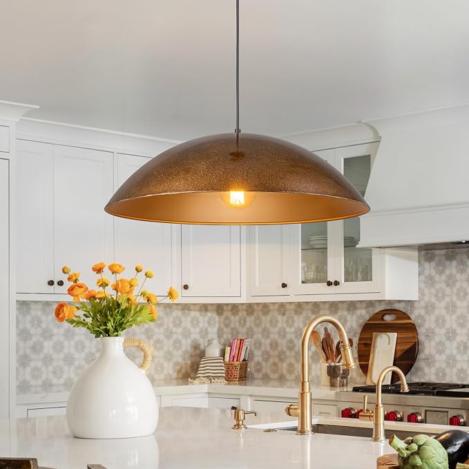 Vintage Antique Brass Dome Pendant Light, 23.6" Oversized Large Farmhouse Pendant Lights Kitchen Island,Hanging Ceiling Light With Curved Edge Metal Shade For Dining Room Over Table Bedroom Bar