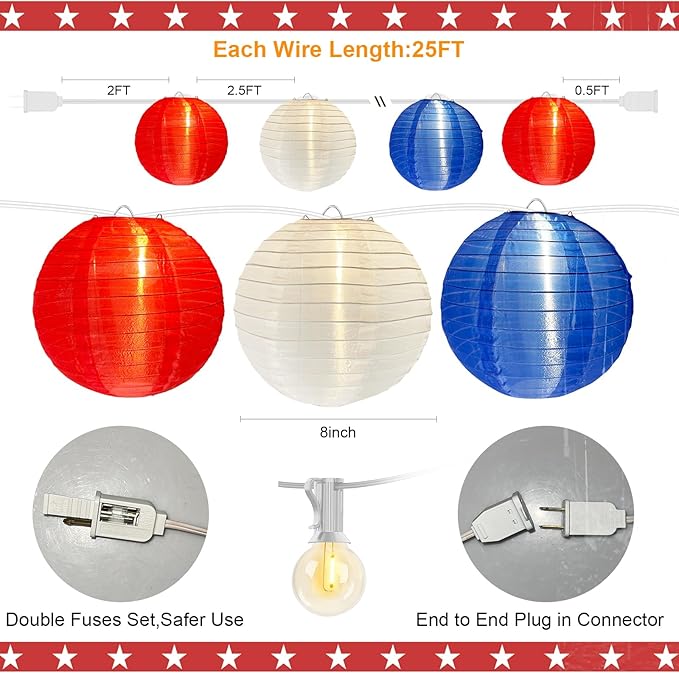 4th of July Decoration Light, 25Ft Red White and Blue Lantern Lights with 11 LED Bulbs (1 Spare Bulbs), Hanging Patriotic Decor Lights for July 4th, Independence Day, Yard, Garden, Memorial Decor