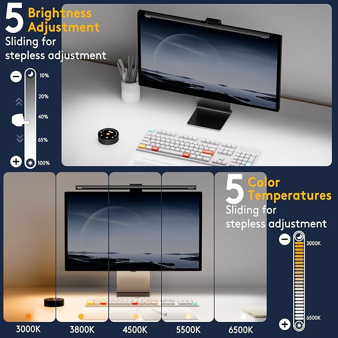 Quntis 20.5'' Computer Monitor Light - Radar Motion Sensor, Eye-Care Professional Desk Lamp Bar, Stepless Dimming Remote Control, Auto-Dimming & Timer, Space Saving Fit for Curved & All Screens
