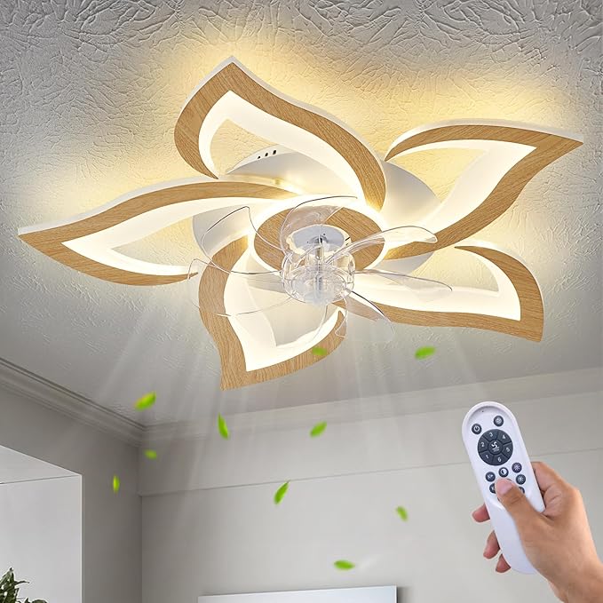 Geometric Ceiling Fan with Lights and Remote Control, Wooden Fan with 3 Light Colors, 6 Speeds - Low Profile Flush Mount for Kitchen, Bedroom, Living Room