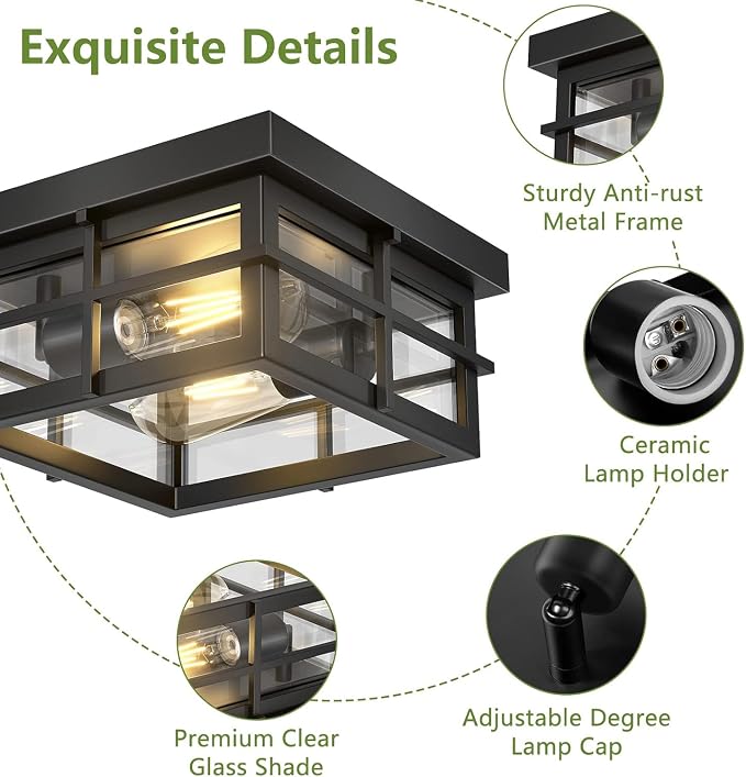 Asnxcju Modern Outdoor Ceiling Light Fixtures, 2-Light Black Flush Mount Light Fixtures with Clear Glass Shade, Farmhouse Square Ceiling Lighting for Porch Bathroom Kitchen (Bulbs Not Included)