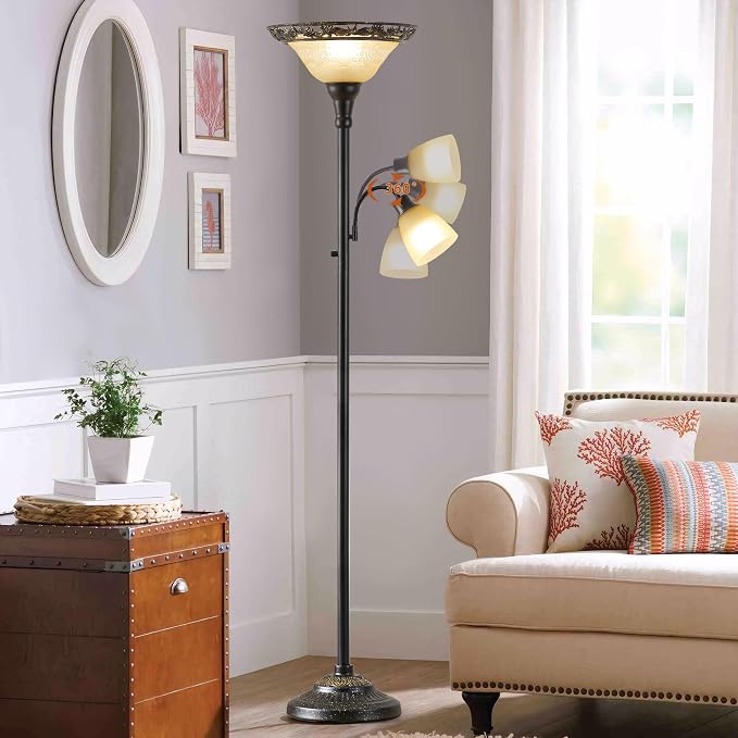 Luvkczc Torchiere Floor Lamps for Living Room, 70" Lamps for Living Room with Etched Glass Shade, Metal Pole & Heavy Base, Vintage Standing lamp Decor for Bedroom, Living Room, Office