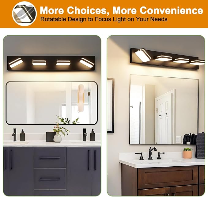 Torondo 360° Rotate LED Bathroom Vanity Light Fixtures, Acrylic Vanity Lights for Bathroom, Modern Wall Lighting Fixtures Over Mirror Living, Matte Black, Warm White, 4-Light, 27-Inch