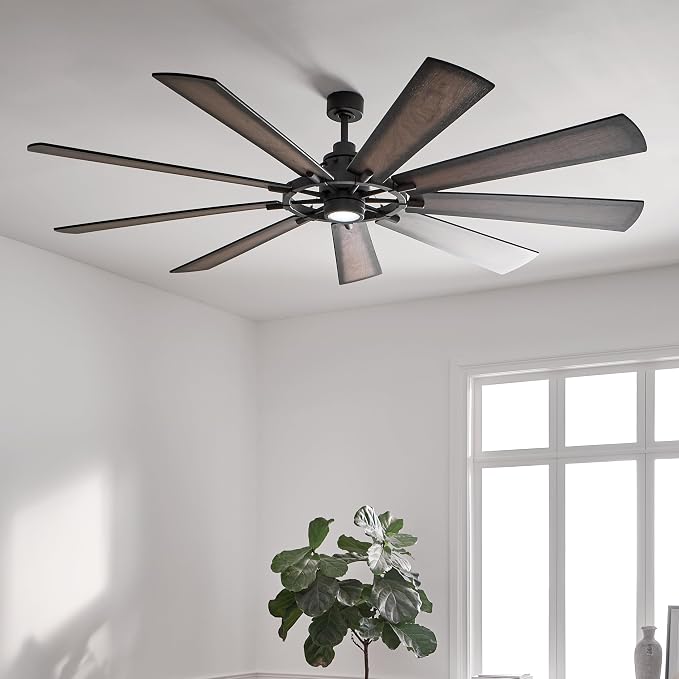 Kichler Gentry XL 85" Ceiling Fan with LED Light, Distressed Black | 9-blade industrial fan with dimmable LED light and DC motor for large indoor spaces, 300285DBK