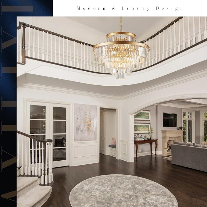 6-Tier Large Gold Crystal Chandeliers 35" Modern Luxury Chandeliers for Staircase K9 Crystal High Ceiling Chandelier 22-Light Round Hanging Pendant Light Fixture for Living Room Entryway Foyer