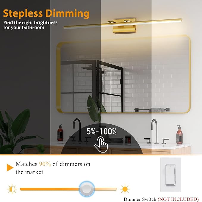 LED Bathroom Vanity Light, Modern Bathroom Light Fixture Over Mirror (3000K/4000K/6000K, Dimmable), Vanity Light Bar with Angle Adjustable, 40 Inch, Brass