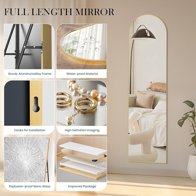 Arched Full Length Floor Mirror, 15.75"x59" Body Wall Mirror Stand | Shatter-Proof Nano Glass, Tall Standing, Hanging or Leaning, Aluminum Alloy Frame for Bedroom, Modern Home Decor, Gold
