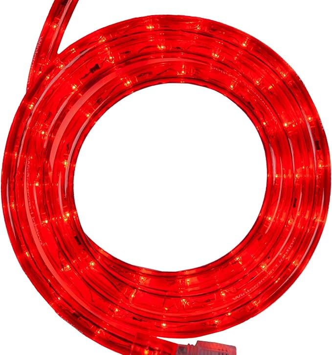 Wintergreen Lighting 18' LED Red Rope Light, Flexible Rope String Light Outdoor – Bedroom LED Light Rope, 120V, ½ Inch, 2-Wire – Rope Light Clips and Power Cord Included
