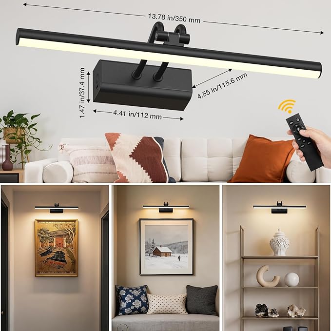 Battery Operated Picture Light for Wall, 13.8'', Black | 4000 mAh, Dimmable, Remote Control, For Art Painting & Gallery, Display for Living Room, Bedroom
