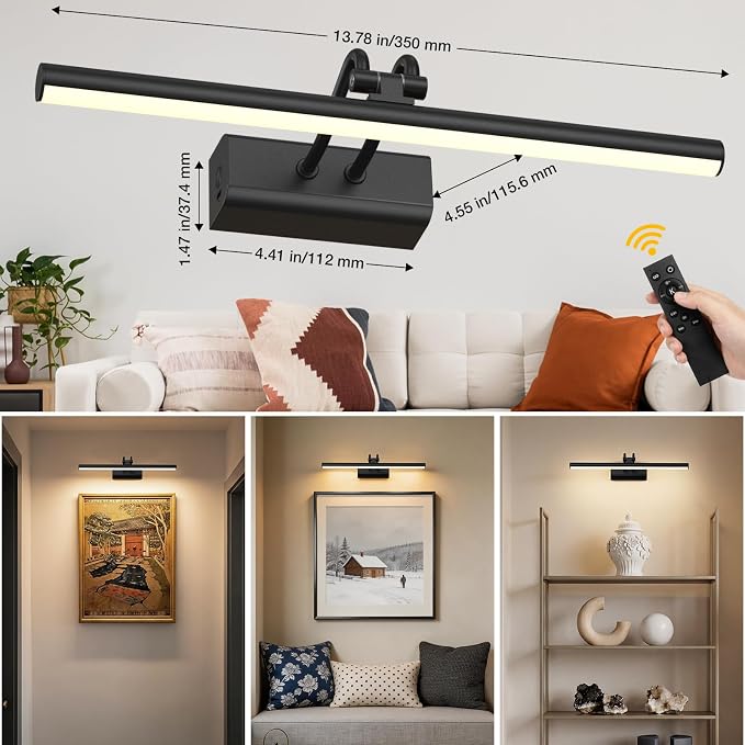 Battery Operated Wall Light, 13.8'', Set of 2, Black, Remote Control | 4000mAh Cordless, Wall Light, Magnetic for Easy to Charge,Timers, Display for Gallery Living Room Bedroom