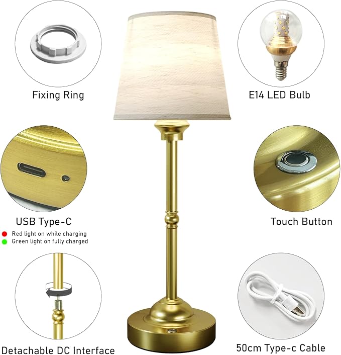 CHLORANTHUS 2 Pack Cordless Table Lamps, 3 Colors Stepless Dimming Fabric Desk Lamp, 6000mAh Rechargeable Battery LED Desk Lamp, Touch Night Light for Bedroom, Dining, Desk, Cafe