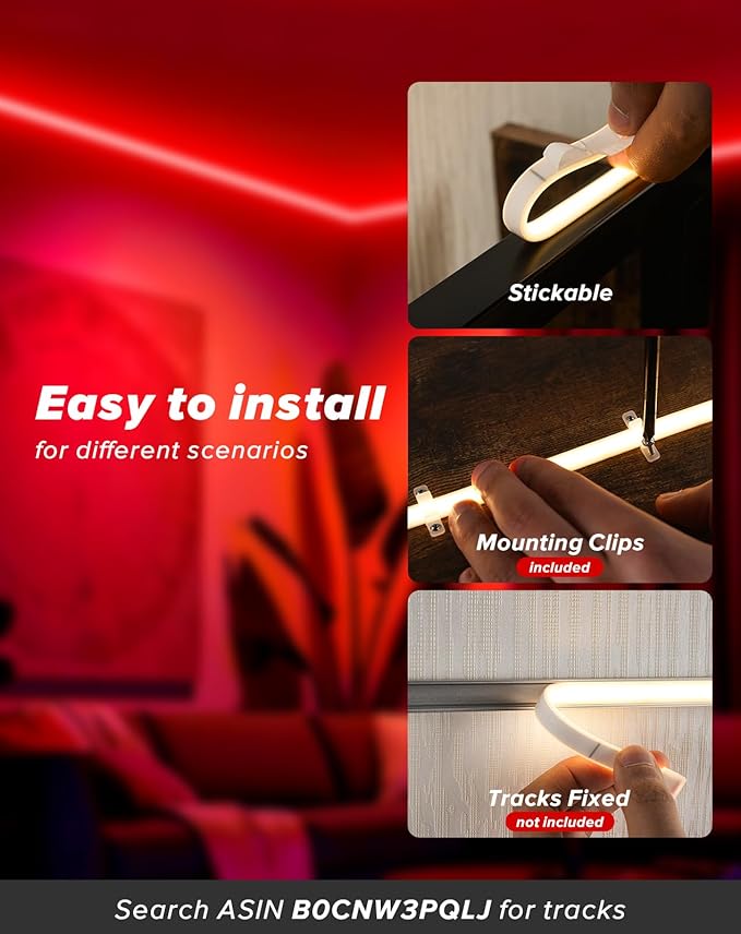 Shine Decor COB LED Rope Light AC 120V, 800lm Ultra Bright, IP65 Waterproof Cold-Resistant ETL Neon Strip, No Driver Tape Lighting for Home Commercial 10x4.5mm, Red, 16.4ft