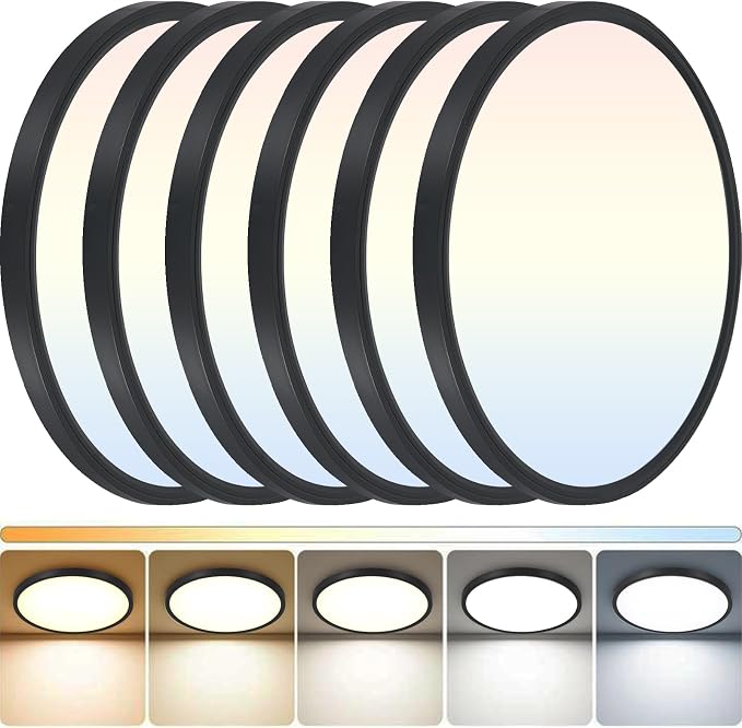 6Pack LED Flush Mount Ceiling Light: 12 inch Super Slim Dimmable & 5CCT (2700-6000K) Kitchen Lighting Fixtures Ceiling - 24W Black Low Profile Ceiling Lamp for Bedroom Garage Hallway
