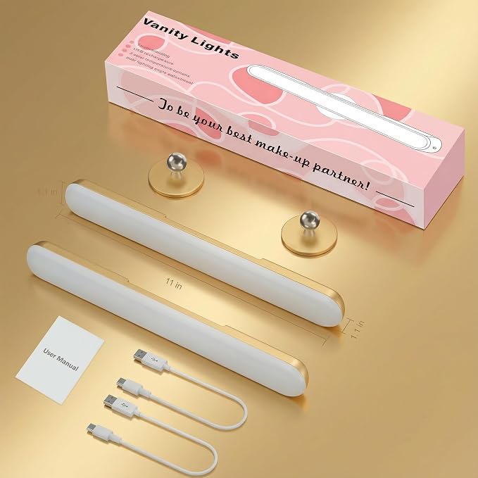 Benreom 2 Pack Wireless Vanity Lights for Mirror, Magnetic LED Bars, Gold | Rechargeable with Adjustable Color, Brightness and Angle for Makeup Mirrors, Bathrooms and Renter-Friendly Decor