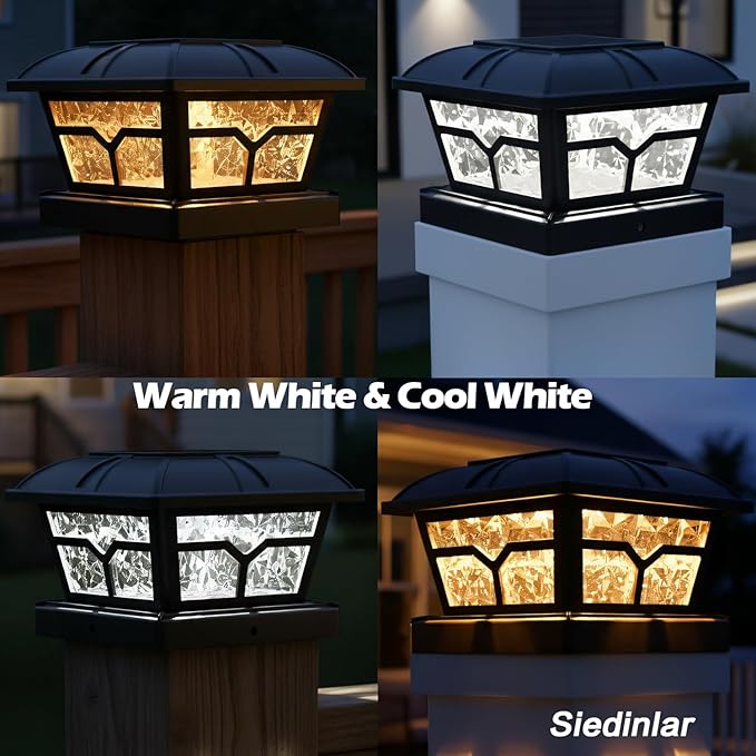 SIEDiNLAR Solar Post Cap Lights Outdoor 2 Color Modes 8 LEDs for 4x4 5x5 6x6 Posts Fence Patio Deck Decoration Warm White & Cool White Lighting Black (6 Pack)