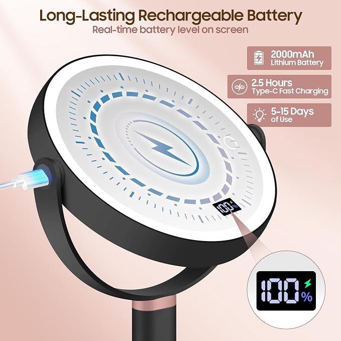 Makeup Magnifying Mirror with Light 30X/1X, Digital Display, 2-Sided Touch Control, Makeup Mirror with 3 Color Lights,360° Rotate, Height Adjustable Lighted Magnifying Mirrors for Desk Travel