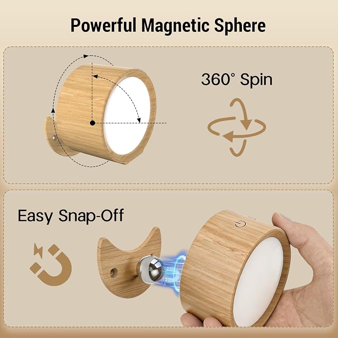 LED Wall Sconces, 160H Battery Life, Rechargeable Cordless Mounted Lights, 3 Color & 4 Brightness Level & 360°Rotate Magnetic Ball & Touch or Remote, for Reading Bedroom (Wood)
