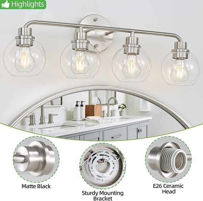 Bathroom Light Fixtures Brushed Nickel Vanity Light Silver 4 Light | Modern Wall Sconces Lighting Bathroom Lights with Glass Shade Bath Wall Lights for Mirror Kitchen Living Room Hallway 27"