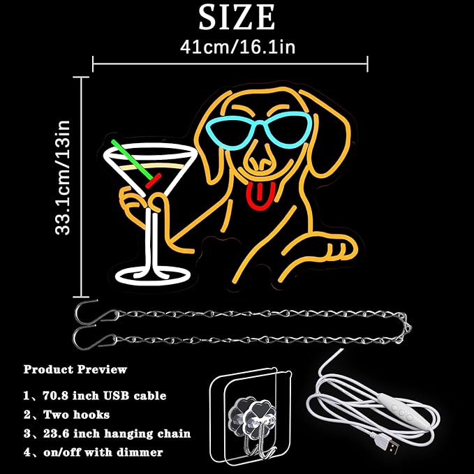 Dachshund Martini Neon Sign for Wall Decor Bar Neon Light Dog Drinking Martini Led Sign Animal Neon Light Signs for Bar Man Cave Pub Wine Cellar Decoration