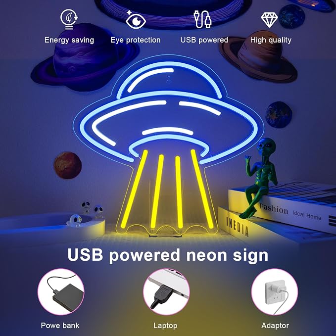 LUCUNSTAR UFO Neon Sign For Room Alien LED Neon Light Spaceship Dimmable Space Neon Signs for Wall Decor Blue UFO Neon Light Up Sign for Bedroom Game Room Wall Decor Ufo Lovers
