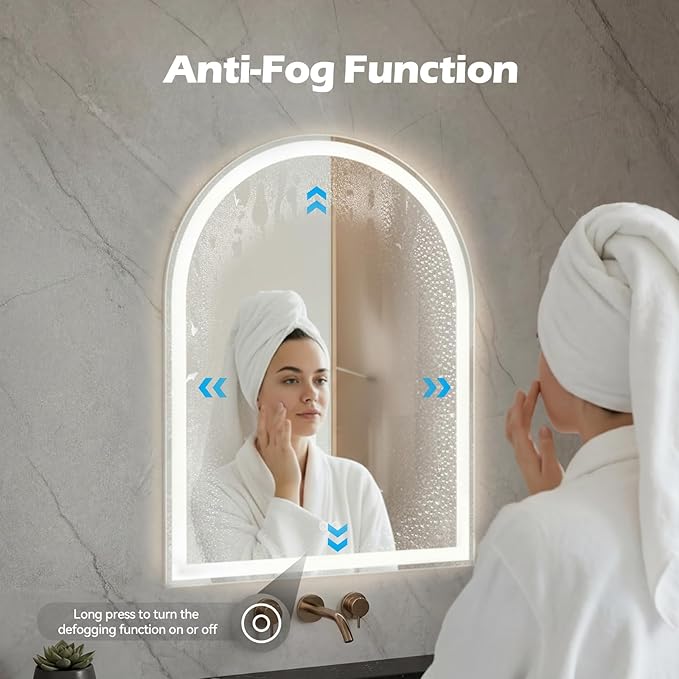 DUMOS 20"×28" LED Bathroom Mirror with Lights, Arched Vanity Mirror with Anti-Fog, Dimmable, 3-Color Light, Memory Function, Tempered Glass