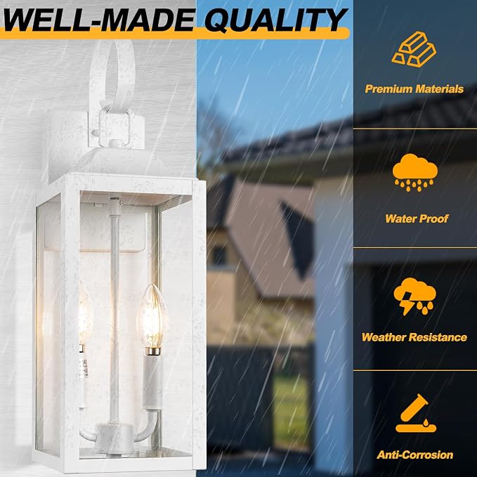 19" White Large Outdoor Wall Lantern 2-Light, Industrial Front Porch Light | Modern Outside Wall Sconce Waterproof Exterior Lighting Fixtures, Outdoor Light Fixture for House Porch & Patio Light, 1-Pack