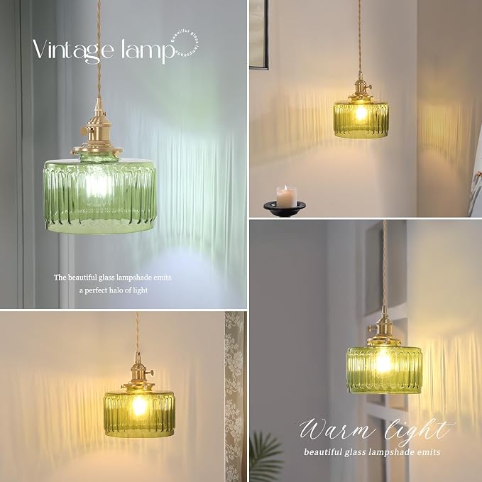 Shenmoyl Vintage Wall Sconce Wall Lamp with Green Striped Shade Pattern Glass Adjustable Chain Retro Gold Wall Mounted Light, Modern Wall Lamp Fixtures Decor for Bedside Bedroom Indoor Doorway