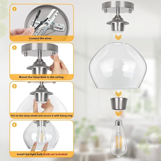 Modern Semi Flush Mount Ceiling Light Fixture, Brushed Nickel | Clear Glass Shade, Quick & Easy Installation, Premium Quality, Perfect for Hallway Kitchen Entryway Laundry