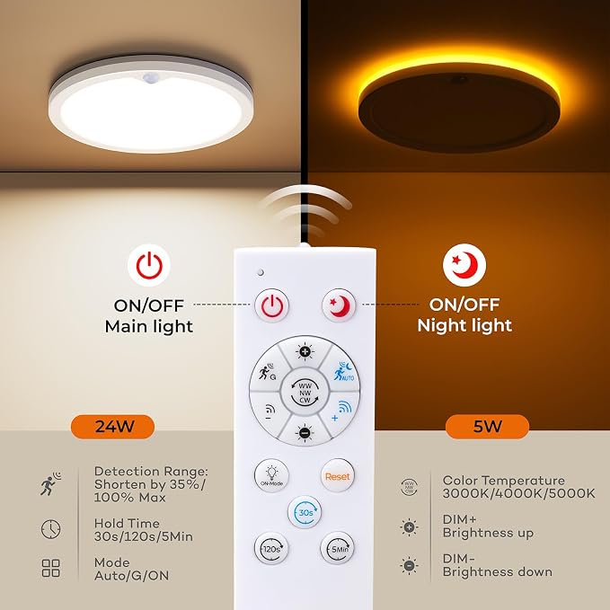 Annaror Wired Motion Sensor Ceiling Light Indoor with Remote 2400LM 12inch | 2000K Nightlight, 3000K 4000K 5000K, 24W Motion Activated Light with Timer for Hallway Closet Stairs White, Auto/ON/G