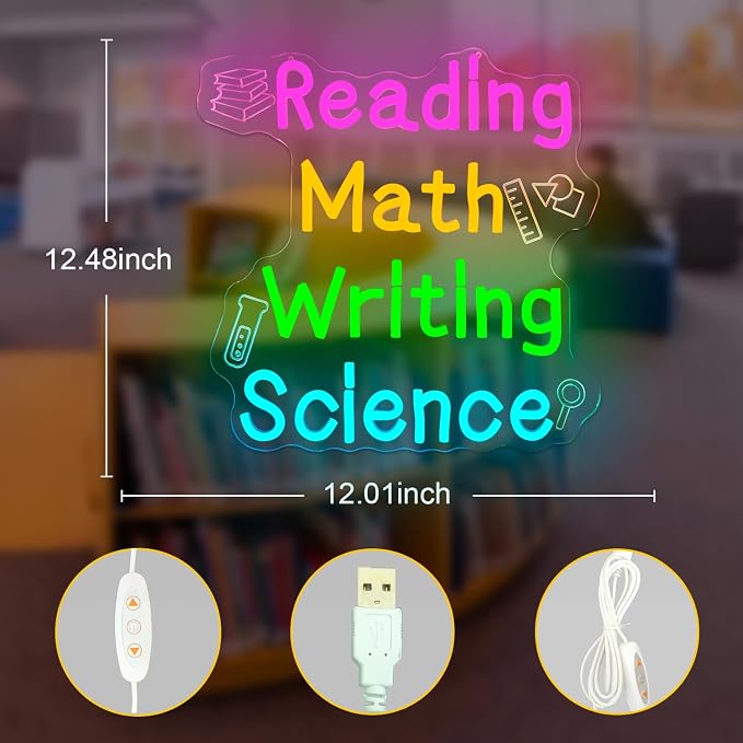 Reading Math Writing Science Neon Sign Dimmable Classroom Neon Light for Reading Room Bedroom Classroom LED Sign for Wall Decor Colorful Kids LED Light Gifts for Teachers Classroom Backdrop Aesthetic Decoration