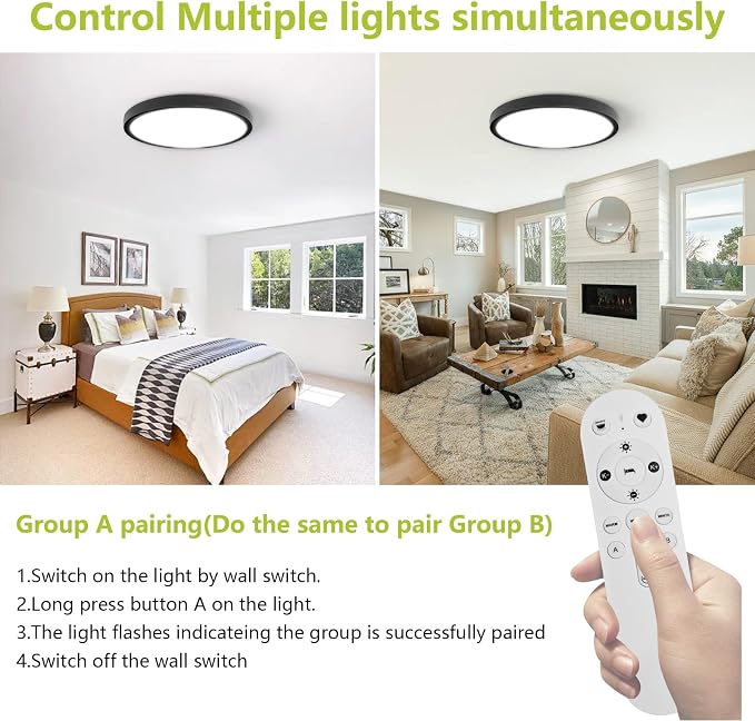 20 Inch Remote Control LED Flush Mount Ceiling Light, 42W 4200LM Dimmable & 2700K-6500K Color Temp Adjustable, Ultra-Thin Flat Round Fixtures for Bedroom Kitchen Office Apartment, Black
