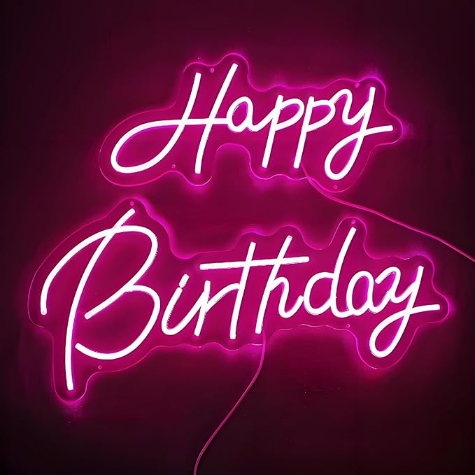 22x16.9 Inch Large Happy Birthday Neon Sign, Dimmable Pink LED Neon Light Sign for Party Backdrop, USB Wall Decor for Bedroom,Reunion,birthday