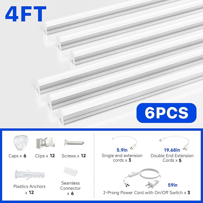 Ensenior 4FT LED Shop Lights, T5 6500K Super Bright Garage Lighting, 6 Pack | Integrated utility light Fixture, linkable plug & play for gym, ceiling, under cabinet, basement & warehouse, 2000LM 20W, FCC