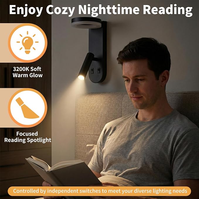Wall Mounted Reading Lights, 350° Adjustable Bedside Lamps Set of 2 | Independent Switch , Hardwired Installation LED Wall Sconces for Bedroom, Living Room, Study Room (Black, 8.6" x 6" x 4.35")