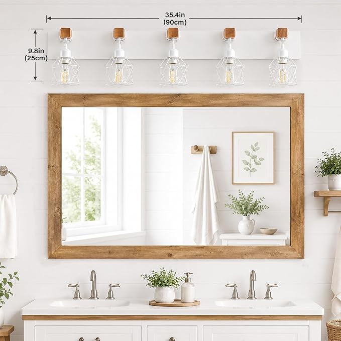 Farmhouse Vanity Light Fixture,5-Light Bathroom Lighting,White Modern Wood Wall Light Over Mirror with Metal Shade,LED Bulbs Not Included