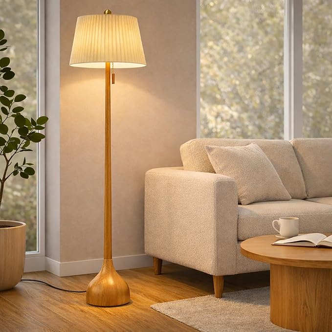 MOFFE Mid Century Modern Real Wood Floor Lamp with 2 Shades for Two Looks | 65" Tall,Sculptural Teardrop Base,Wooden Pull Chain,Vintage Standing Lamp,Linen Shades,Living Room,Bedroom, Bulb Included