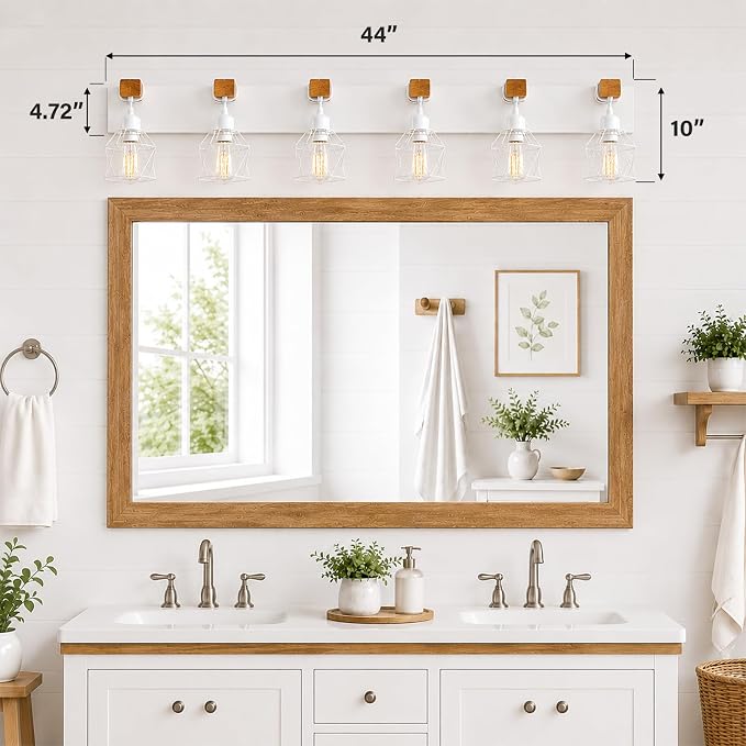 Farmhouse Vanity Light Fixture,6-Light Bathroom Lighting,White Modern Wood Wall Light Over Mirror with Metal Shade,LED Bulbs Not Included