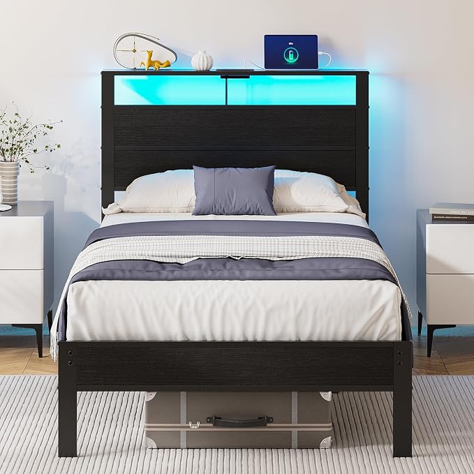 Twin Size Bed Frame with LED Lights and USB Charging Station | Black Metal Platform Bed with Storage Headboard, Noise Free, No Box Spring Needed, Easy Assembly