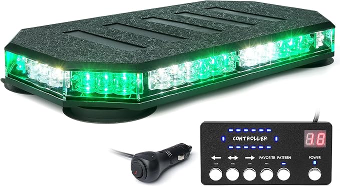 LUMENIX 42 LED Roof Top Magnetic Strobe Beacon Lights Bar, Green White | Hazard Warning Flashing Plow Lights with Controller for Construction Vehicles Tow Trucks Snowplow Work Cars,Patent Design